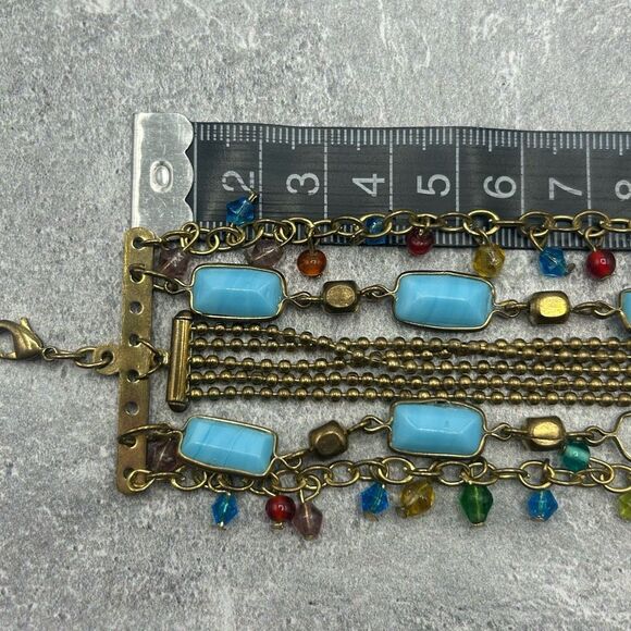 Vintage Brass Gold Tone Blue Beaded Rhinestones Chain Bracelet - Picture 14 of 14